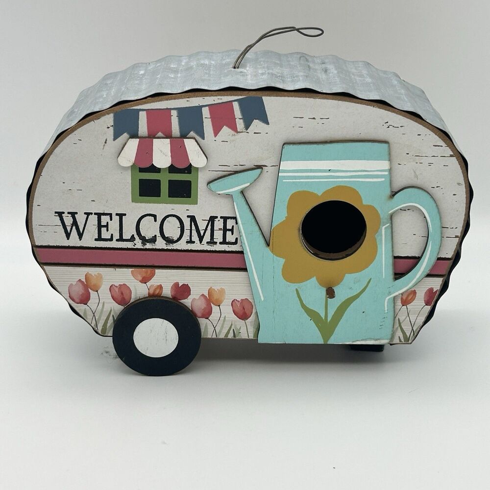 Home Sweet Home Camper Trailer Birdhouse Wooden Hanging Bird House Floral Decor